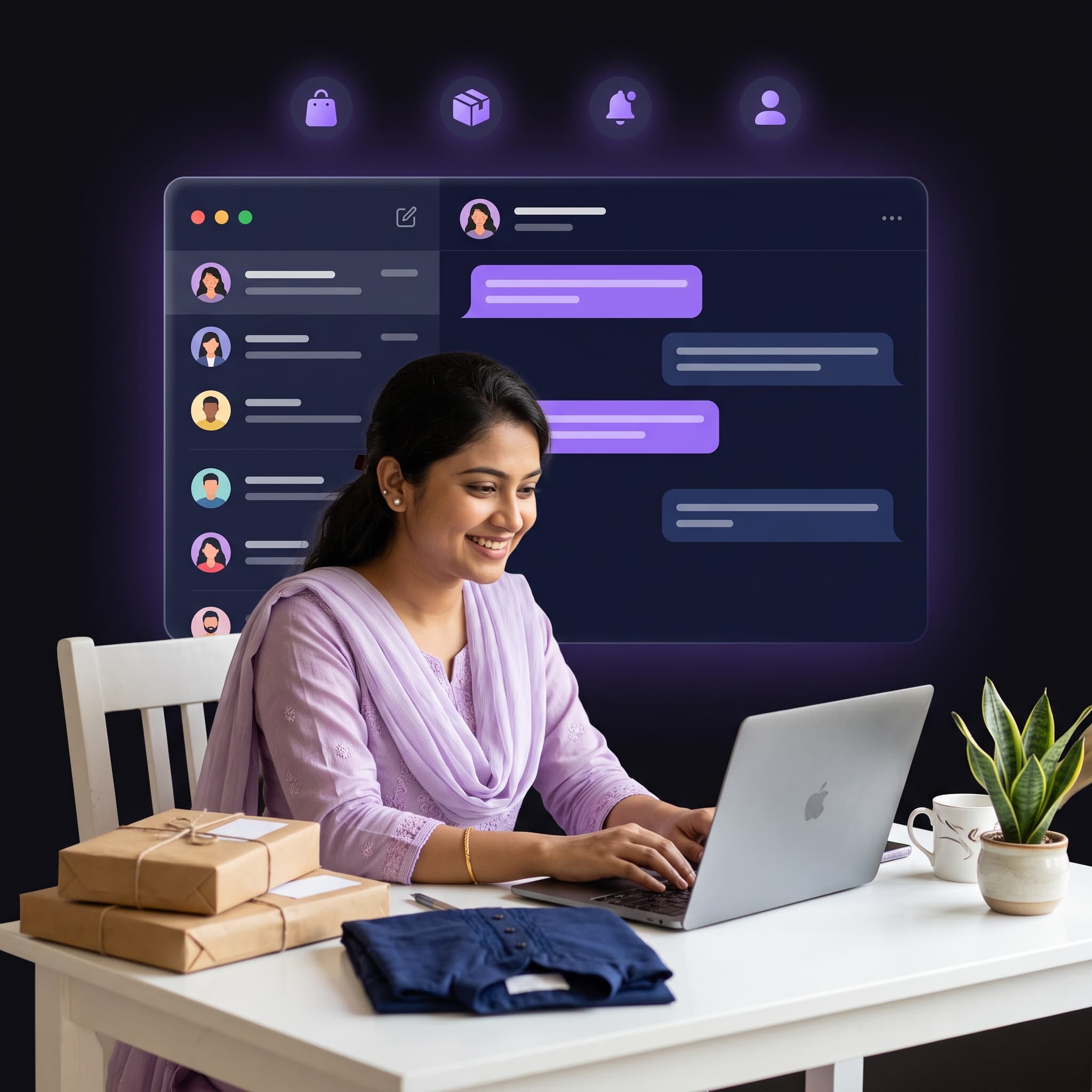 A seller answering customers from one inbox on her laptop